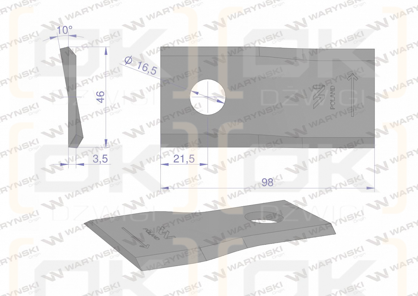 Nóż. nożyk kosiarka lewy 98X46X3.5mm otwór 16.5 zastosowanie 40490006 Morra WARYŃSKI ( sprzedawane po 25 )
