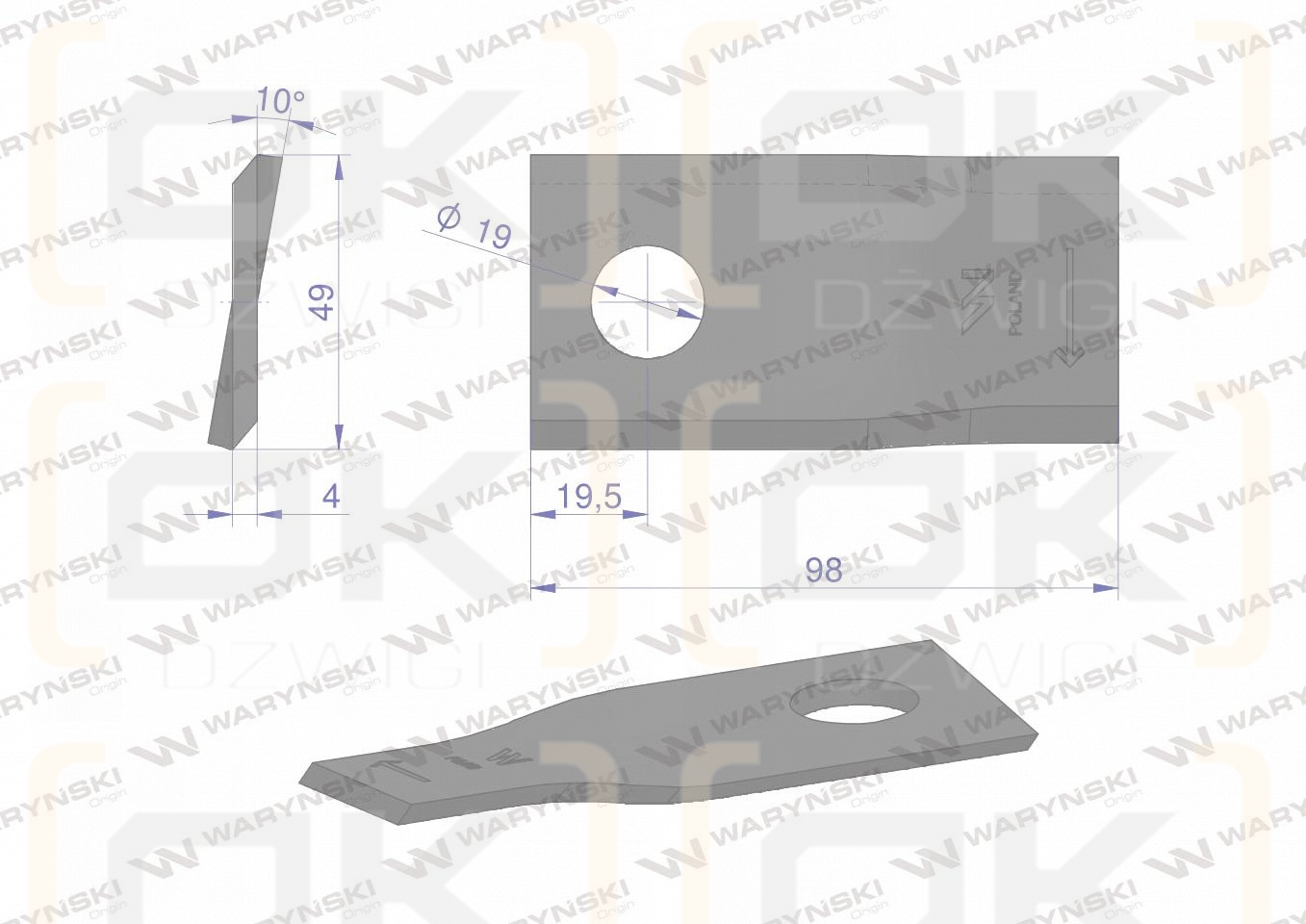 Nóż. nożyk kosiarka prawy 98x48x4mm otwór 19 zastosowanie 153171419 SIP WARYŃSKI ( sprzedawane po 25 )
