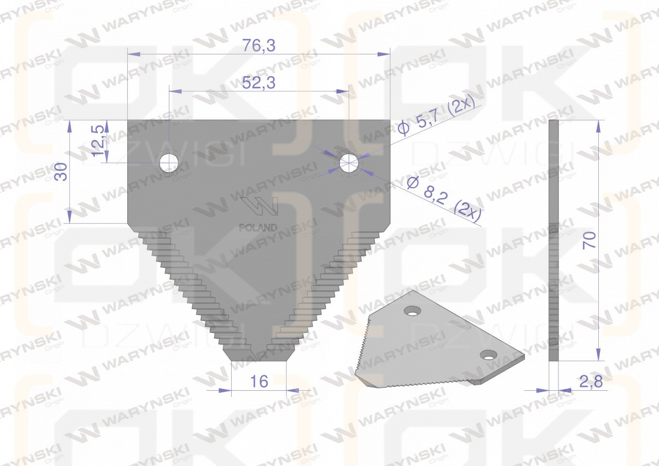 Nóż żniwny 70x76x2.8mm otwór 5.5 zastosowanie 6889590 Claas WARYŃSKI ( sprzedawane po 25 )