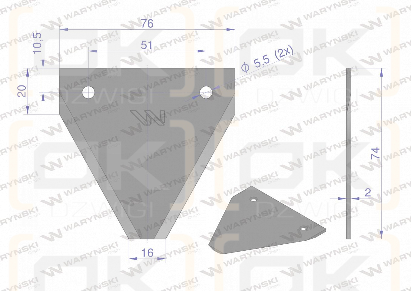 Nóż żniwny 74x76x2mm otwór 5.5 zastosowanie G75 Forschnit Snopowiazałka Warta WC-5 WARYŃSKI ( sprzedawane po 25 )