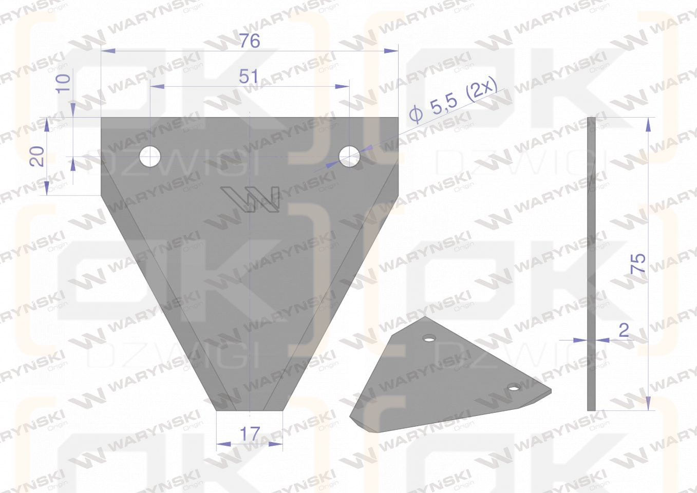 Nóż żniwny 75x76x2mm otwór 5.5 zastosowanie A10/2 FORTSCHRITT WARYŃSKI ( sprzedawane po 25 )