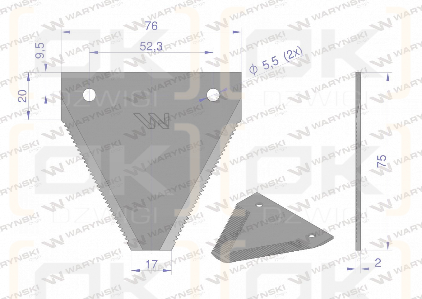 Nóż żniwny 75x76x2mm otwór 5.5 zastosowanie MF1389SP Case MF WARYŃSKI ( sprzedawane po 25 )