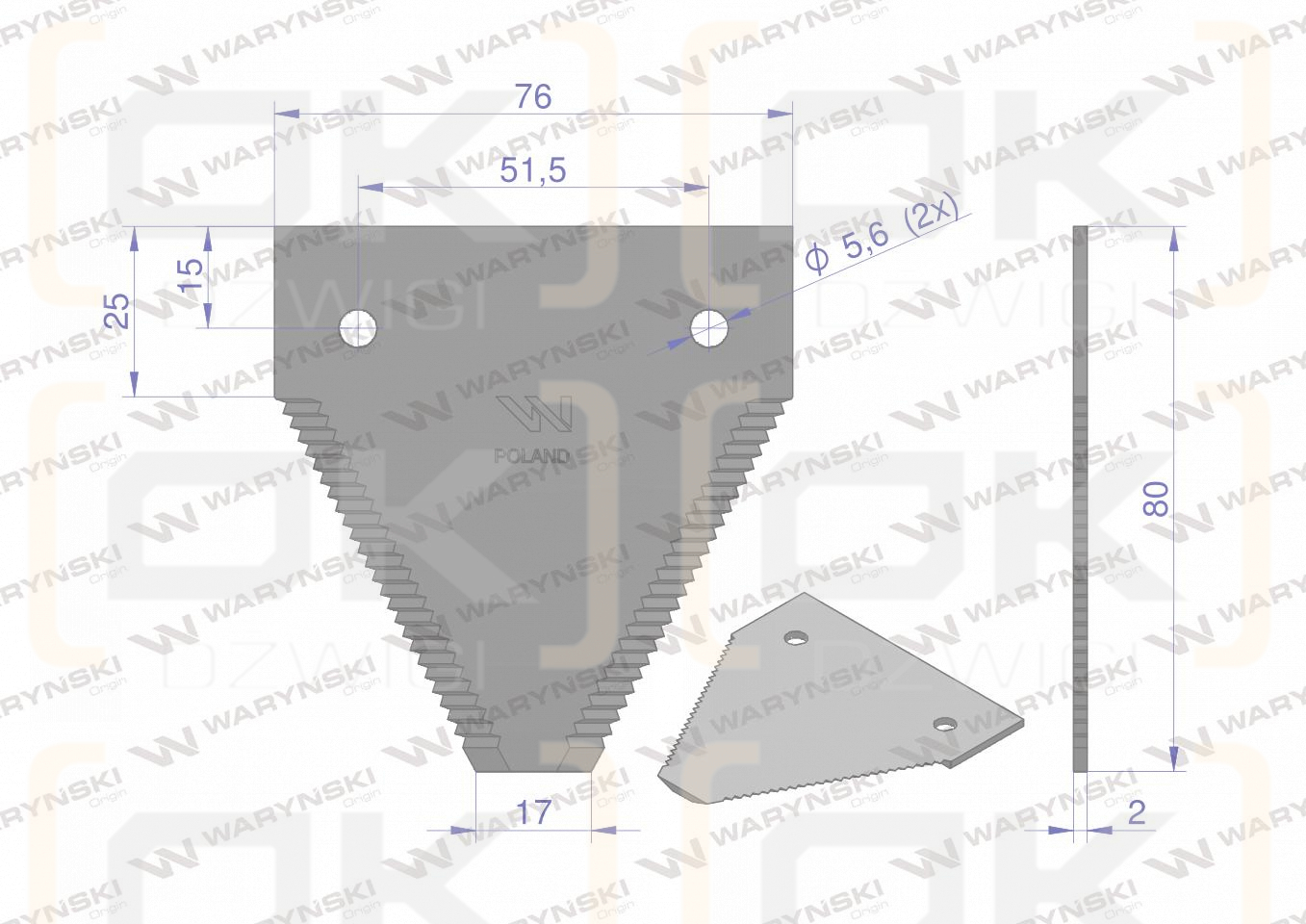 Nóż żniwny 80x76x2mm otwór 5.5 zastosowanie C15 WARYŃSKI ( sprzedawane po 25 )