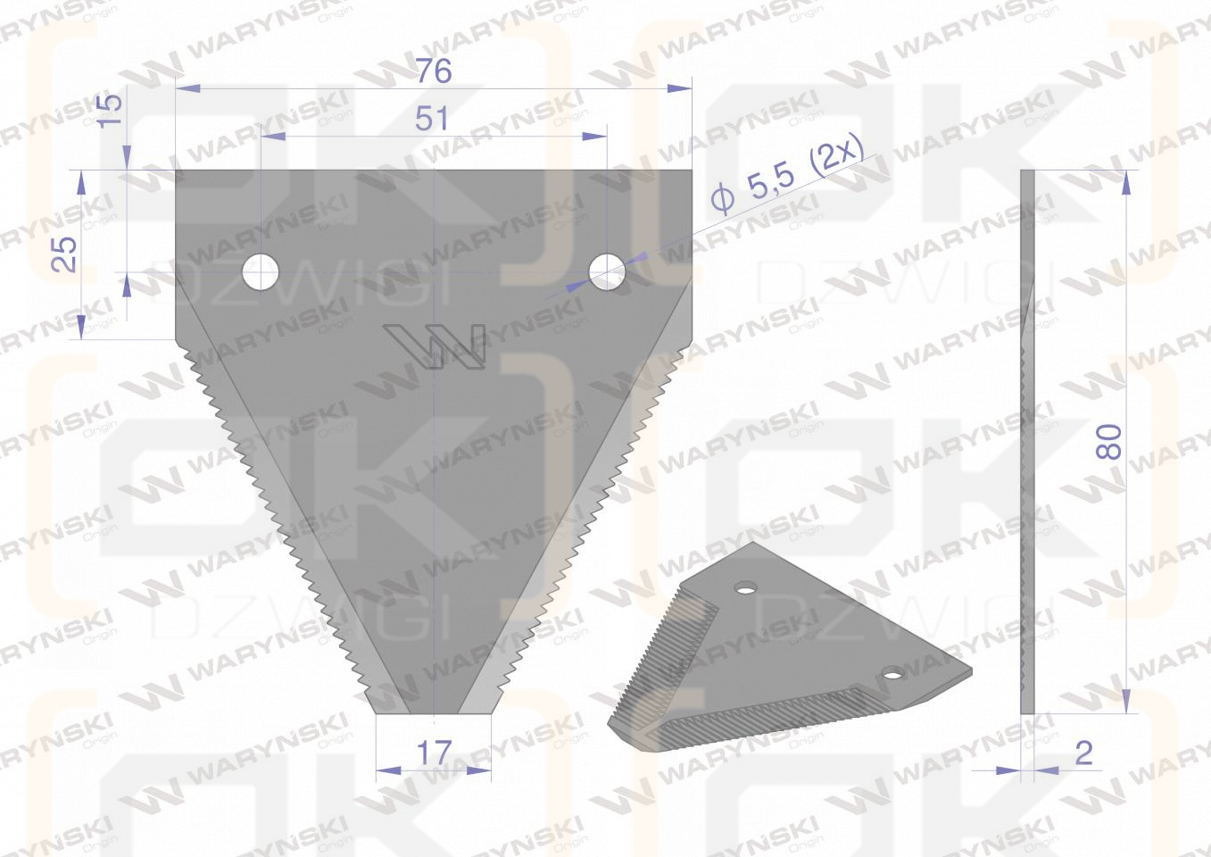 Nóż żniwny 80x76x2mm otwór 5.5 zastosowanie S80/2 Osa WARYŃSKI ( sprzedawane po 25 )