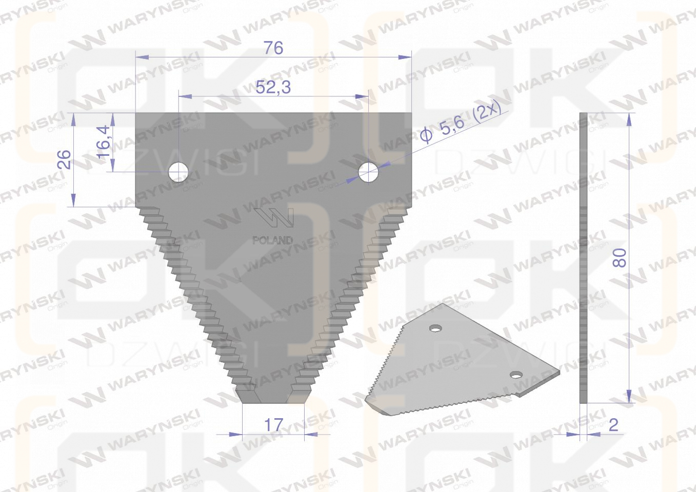 Nóż żniwny 80x76x2mm otwór 5.5 zastosowanie 417800220 1650333 Deutz-Fahr WARYŃSKI ( sprzedawane po 25 )