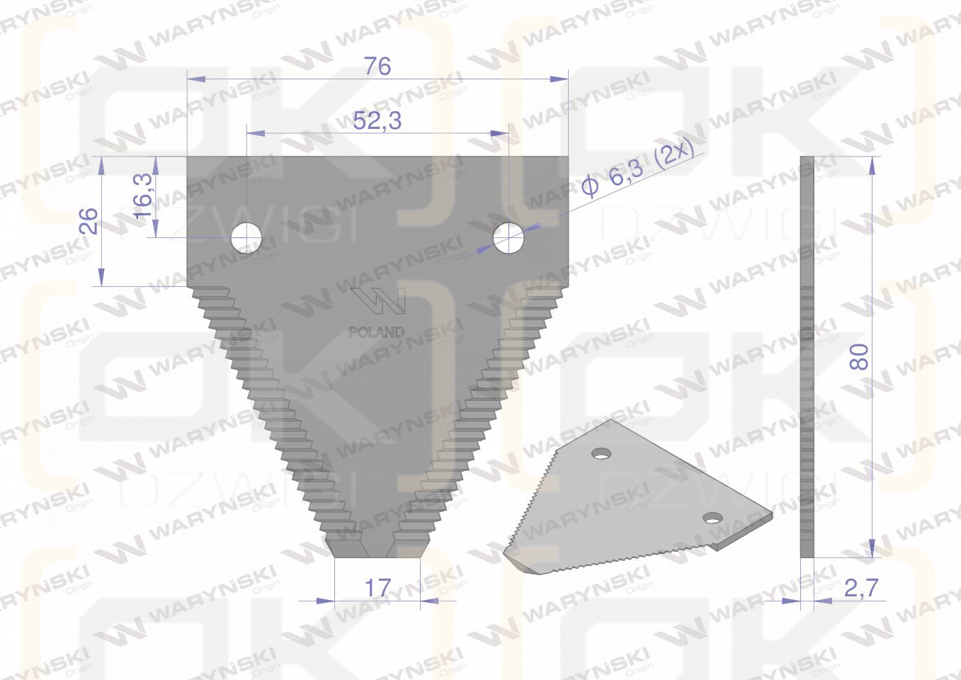 Nóż żniwny 80x76x2.7mm otwór 6.3 zastosowanie 87728899 New Holland WARYŃSKI ( sprzedawane po 25 )