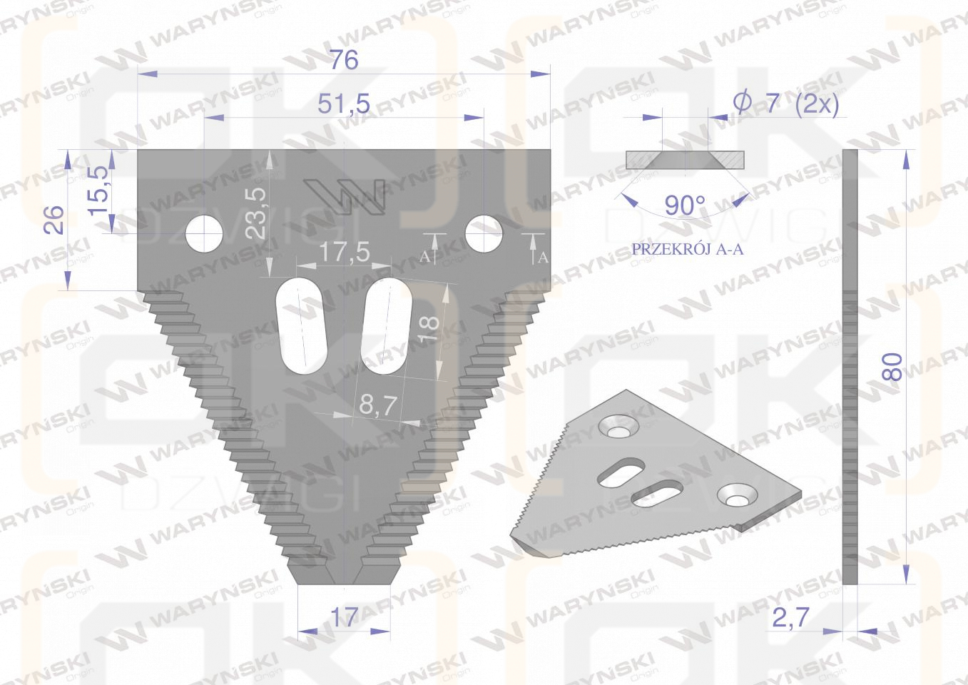 Nóż żniwny 80x76x2.7mm otwór 7 zastosowanie 3BF0010AB1 Olimag WARYŃSKI ( sprzedawane po 25 )