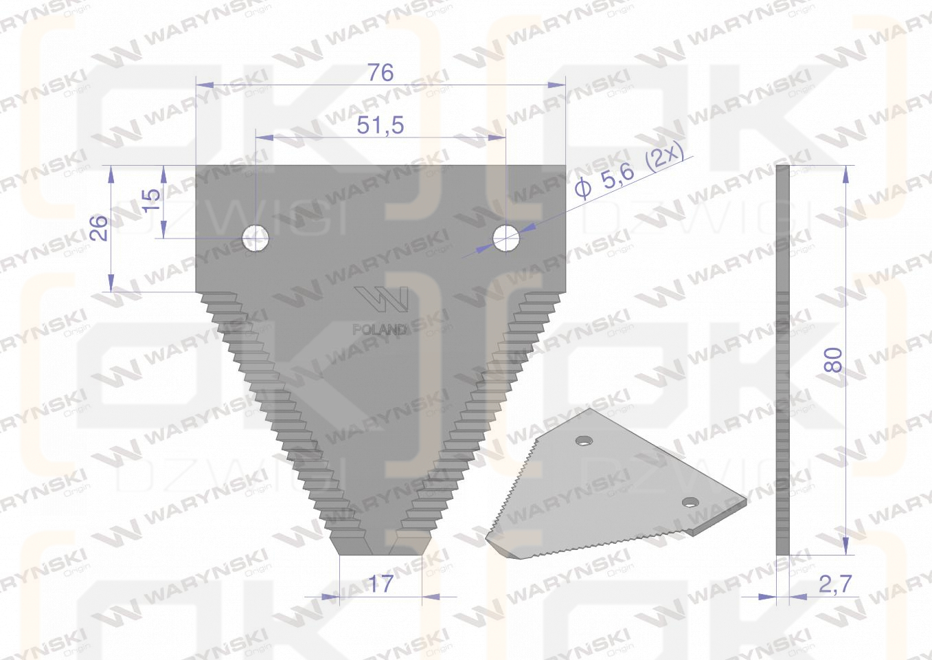 Nóż żniwny 80x76x2.7mm otwór 5.5 zastosowanie 614670.1 Claas WARYŃSKI ( sprzedawane po 25 )