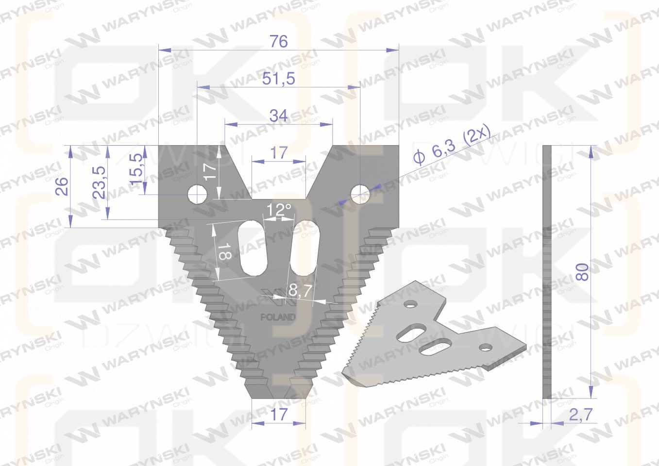Nóż żniwny 80x76x2.8mm otwór 6.5 zastosowanie Z52672 Schumacher WARYŃSKI ( sprzedawane po 25 )