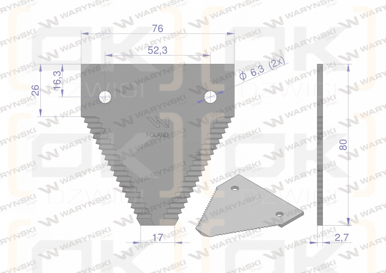 Nóż żniwny 80x76x2.8mm otwór 6.3 zastosowanie 87728905 Case-IH New Holland WARYŃSKI ( sprzedawane po 25 )