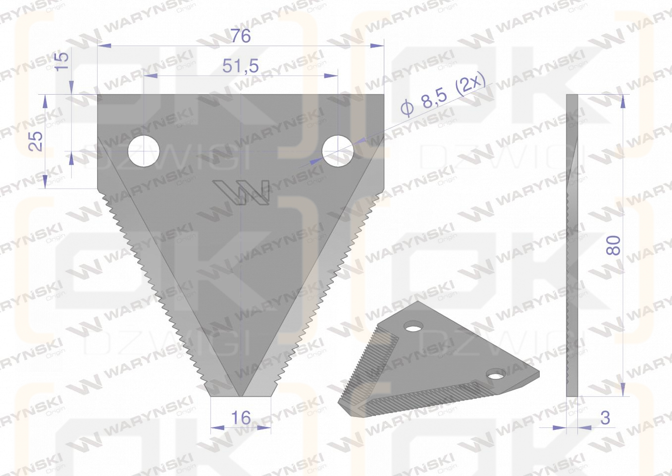 Nóż żniwny 80x76x3mm otwór 8.5 zastosowanie DIN11300. 316805. Schumacher WARYŃSKI ( sprzedawane po 25 )