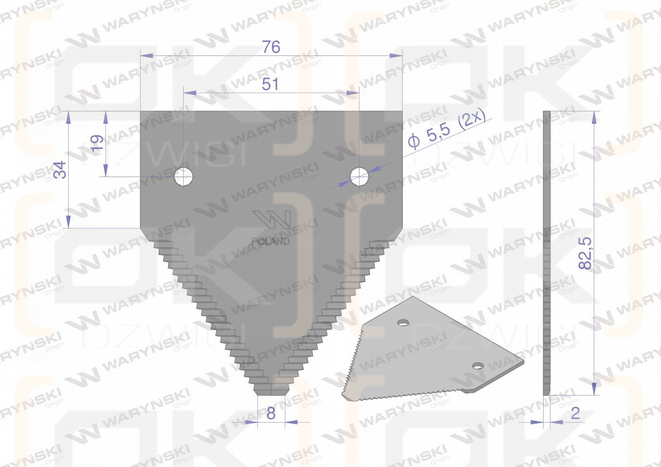 Nóż żniwny 80x76x2mm otwór 5.5 zastosowanie 206236M1 Massey Ferguson WARYŃSKI ( sprzedawane po 25 )