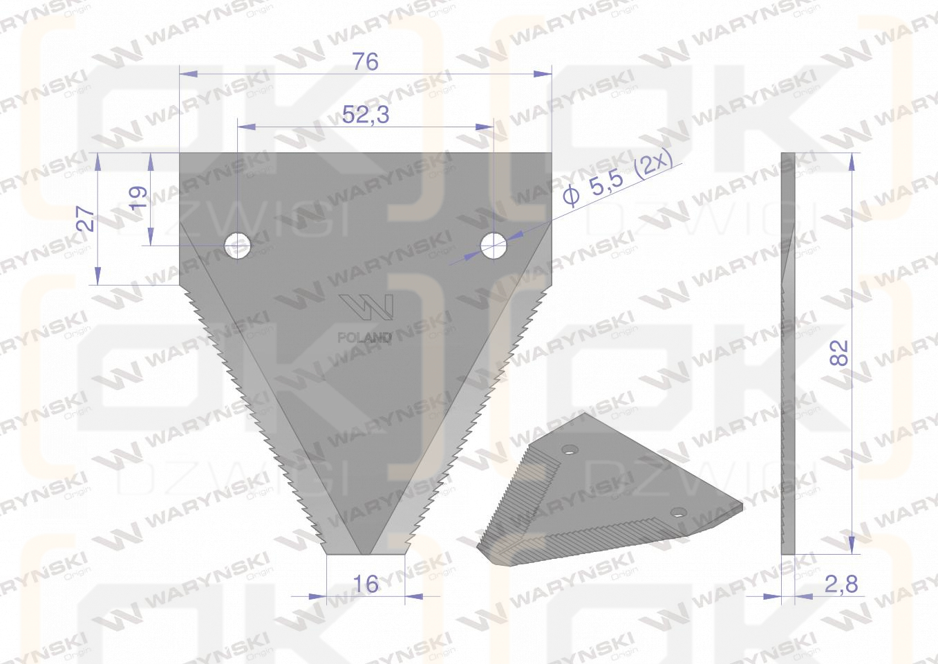 Nóż żniwny 82x76x2.8mm otwór 5.5 zastosowanie S82 New Holland WARYŃSKI ( sprzedawane po 25 )