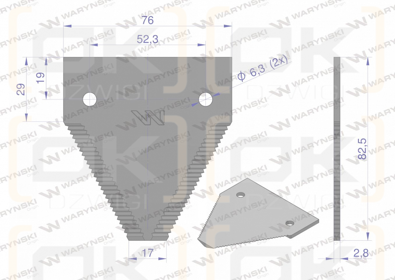 Nóż żniwny 82x76x2.8mm otwór 6.3 zastosowanie 321219850 Laverda WARYŃSKI ( sprzedawane po 25 )