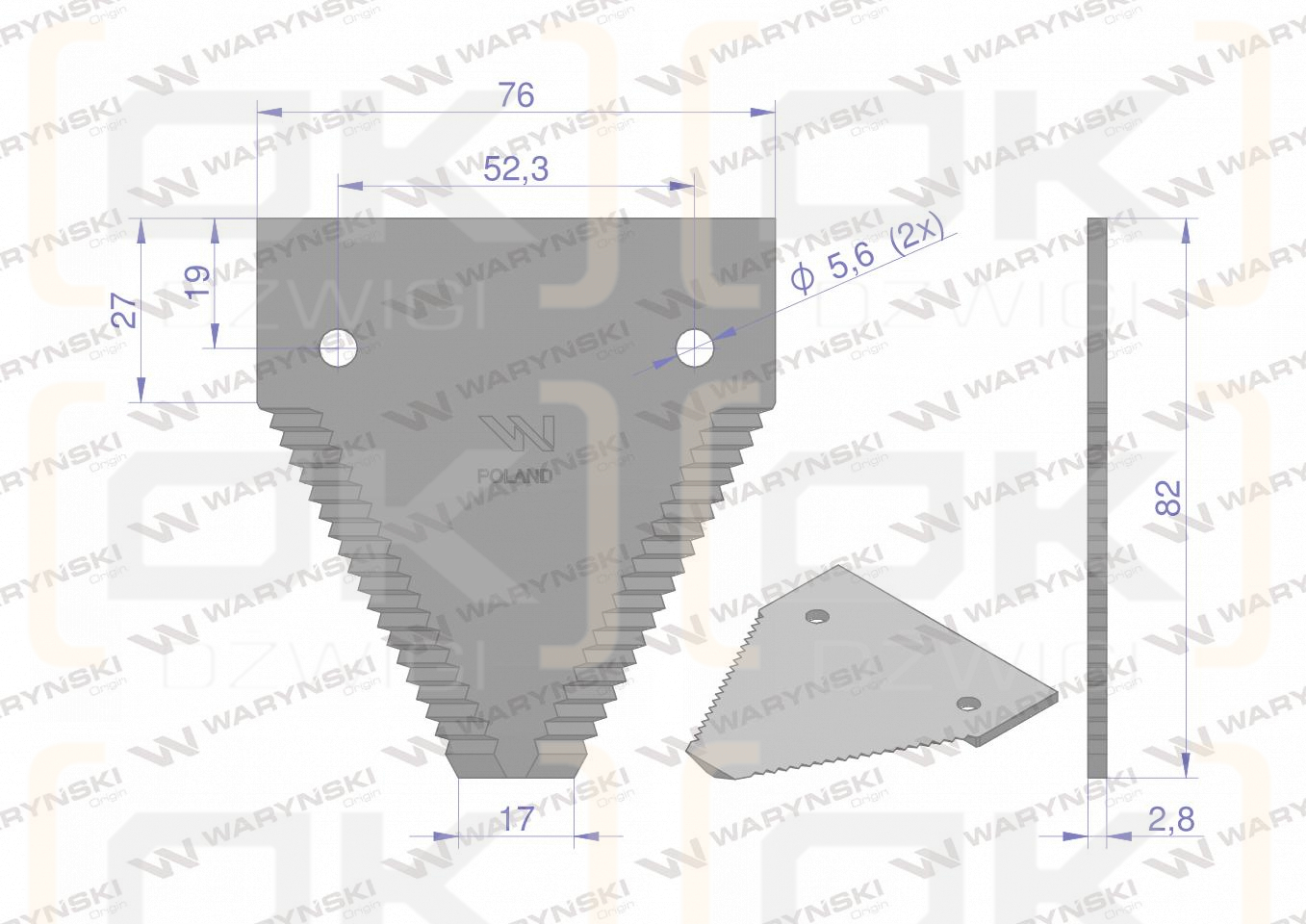 Nóż żniwny 82x76x2.8mm otwór 5.5 grube zęby zastosowanie 365110G New Holland WARYŃSKI ( sprzedawane po 25 )