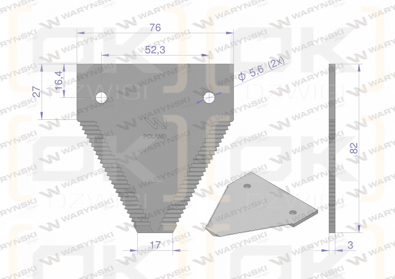 Nóż żniwny 82x76x2.8mm otwór 5.5 zastosowanie D44100000N Case-IH Massey Ferguson WARYŃSKI ( sprzedawane po 25 )