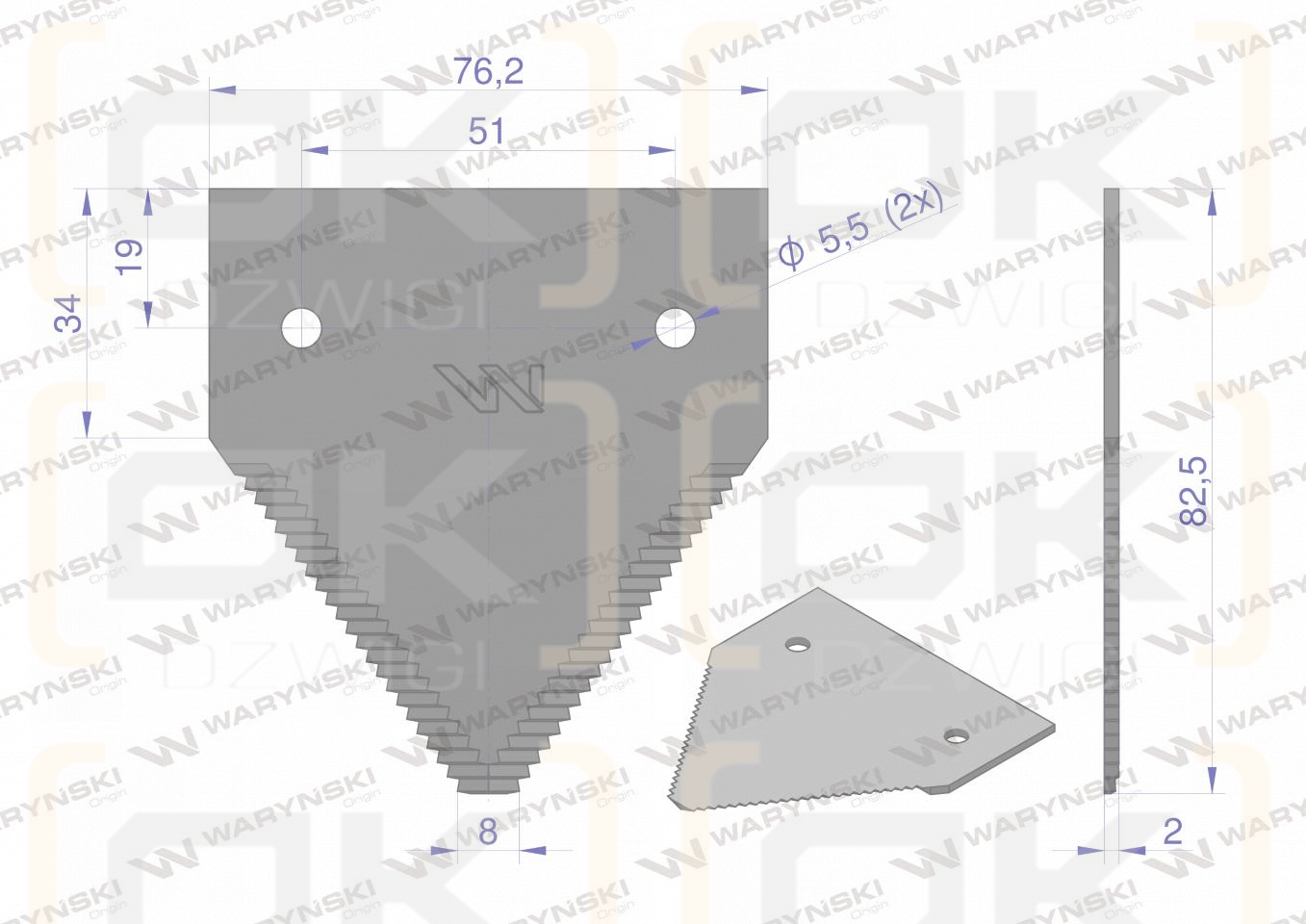 Nóż żniwny 83x76x2mm otwór 5.5 zastosowanie 261431M1 MF WARYŃSKI ( sprzedawane po 25 )