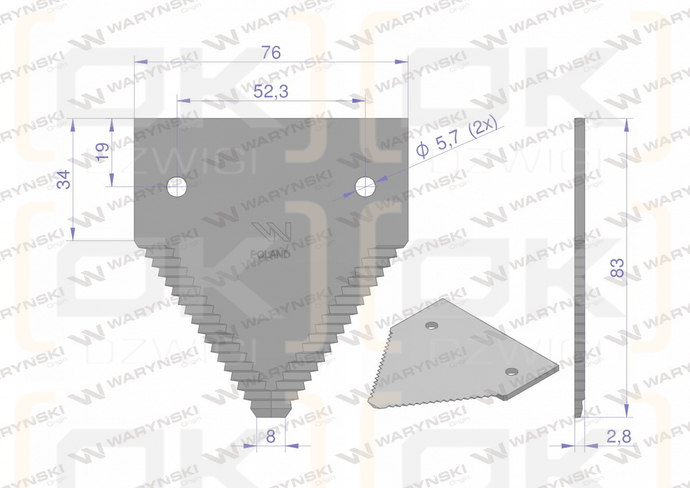 Nóż żniwny 83x76x2.7mm otwór 5.5 zastosowanie 80309197 New Holland WARYŃSKI ( sprzedawane po 25 )