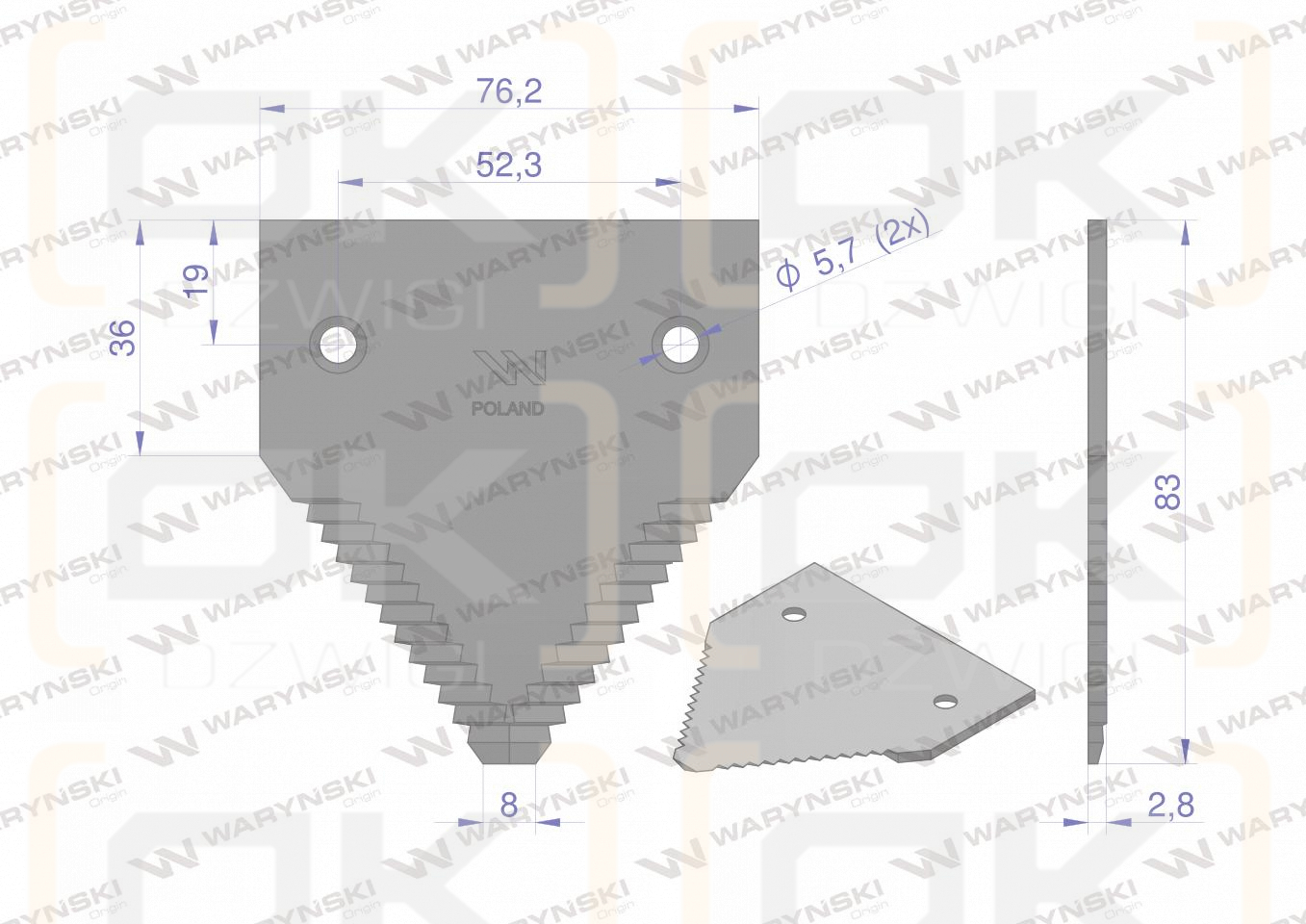 Nóż żniwny 83x76x3mm otwór 5.7 zastosowanie H213800 Schumacher WARYŃSKI ( sprzedawane po 25 )