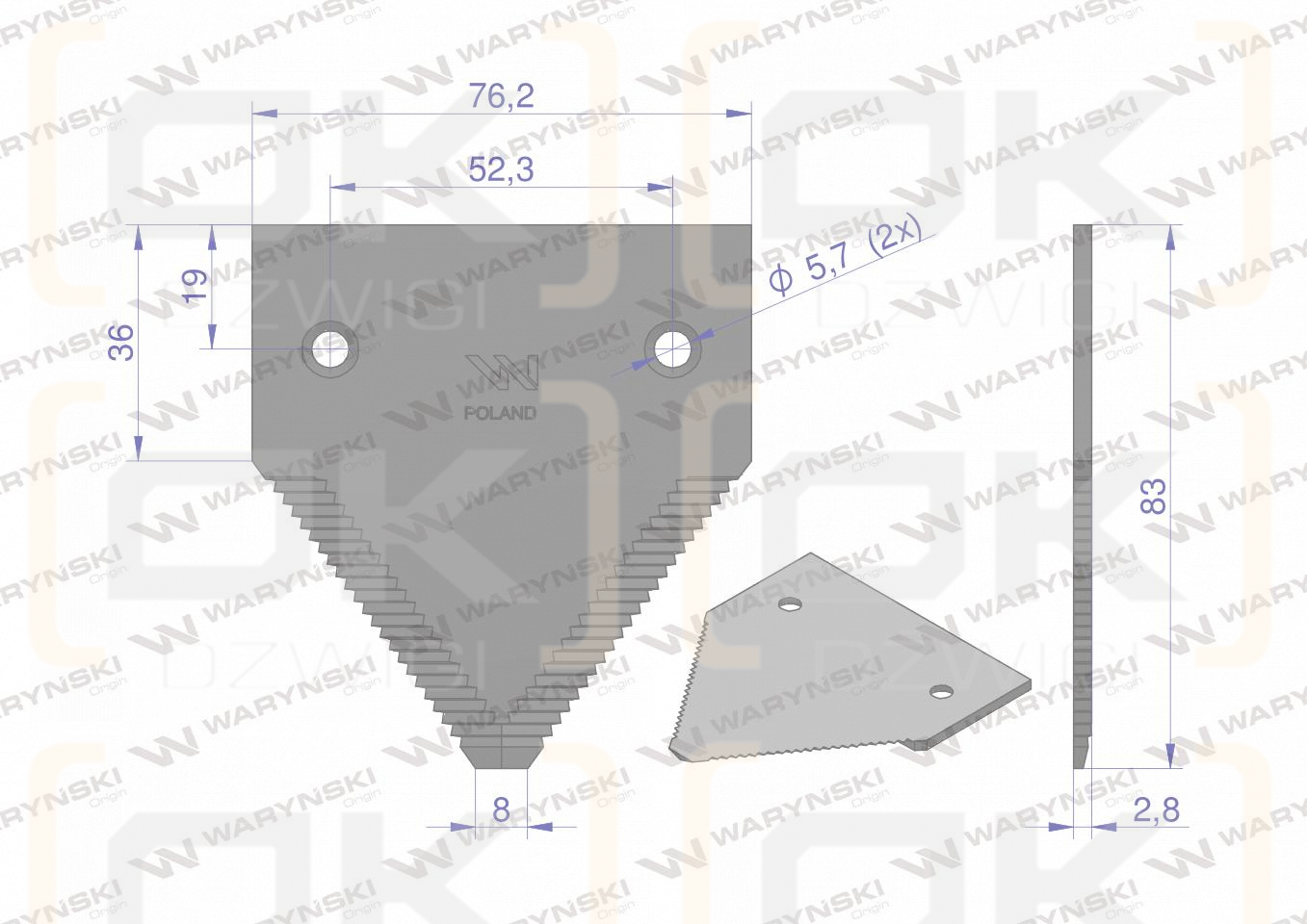 Nóż żniwny 83x76x3mm otwór 5.7 zastosowanie H213799 Schumacher WARYŃSKI ( sprzedawane po 25 )
