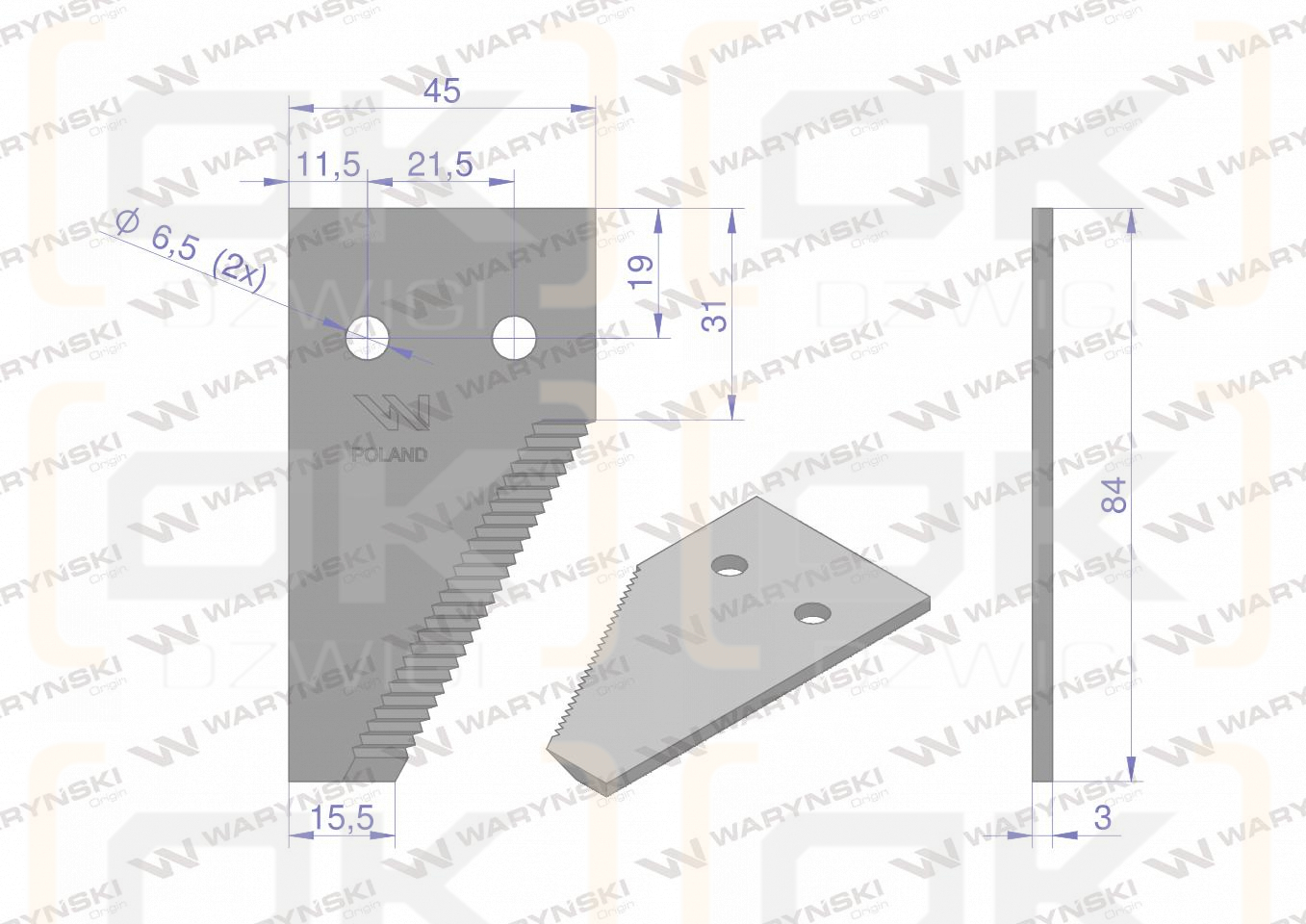 Nóż żniwny końcowy 84x45x3mm otwór 6.5 24 zęby zastosowanie 6112041 Claas WARYŃSKI ( sprzedawane po 25 )