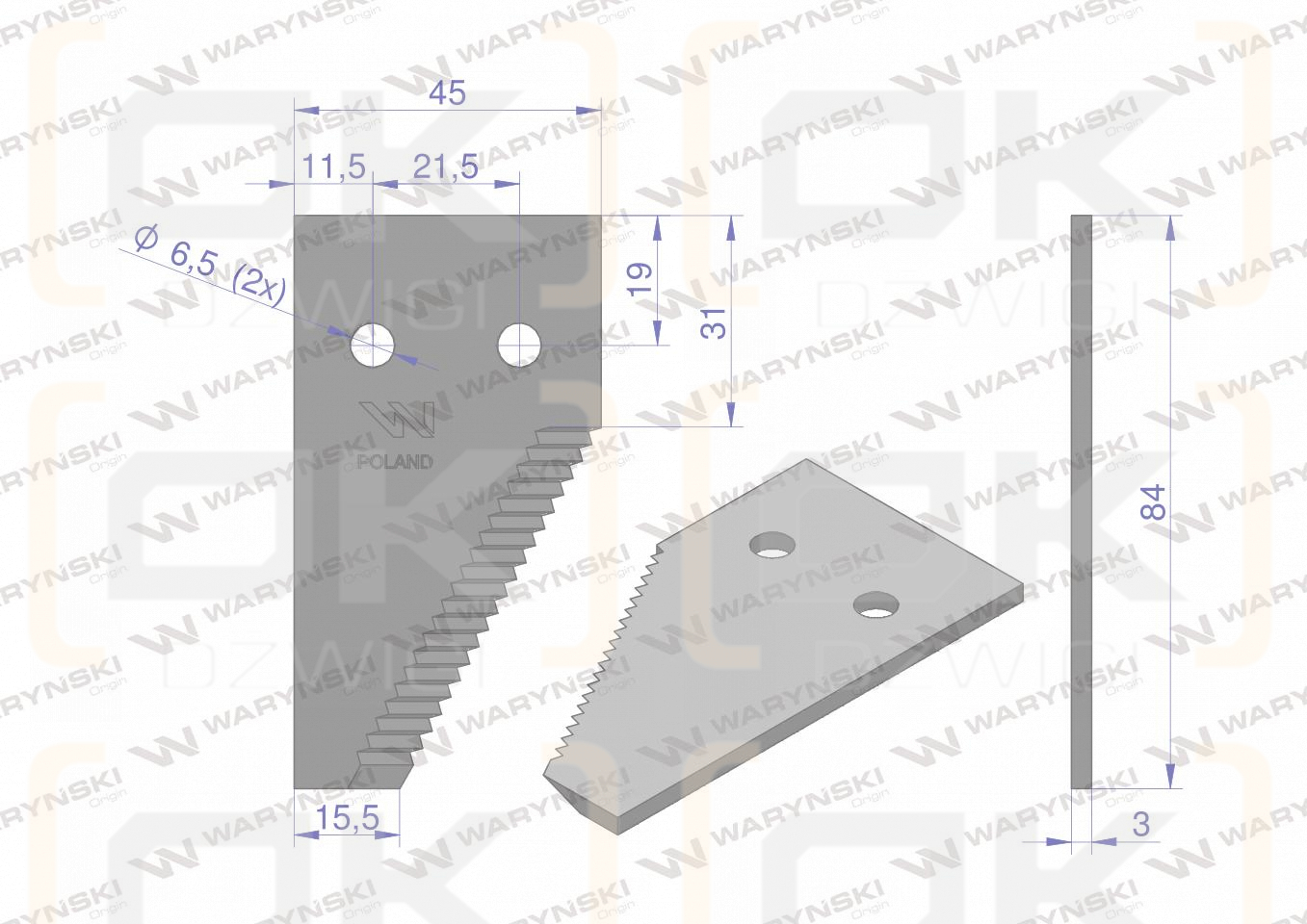 Nóż żniwny końcowy 84x45x3mm otwór 6.5 19 zębów zastosowanie 6112041 6112031 Claas WARYŃSKI ( sprzedawane po 25 )