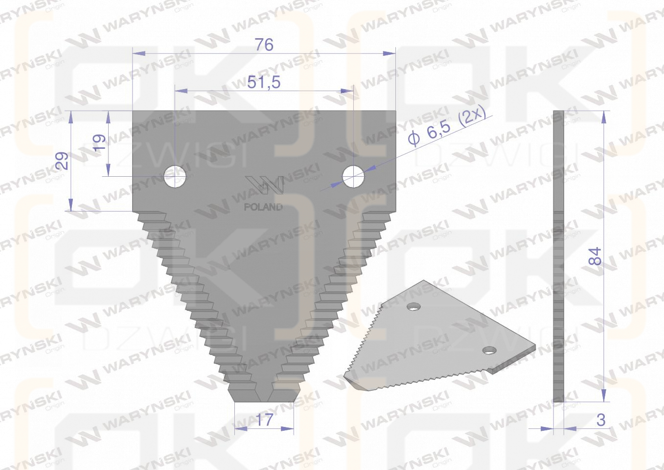 Nóż żniwny 84x76x3mm otwór 6.5 zastosowanie 611203.1 Claas WARYŃSKI ( sprzedawane po 25 )