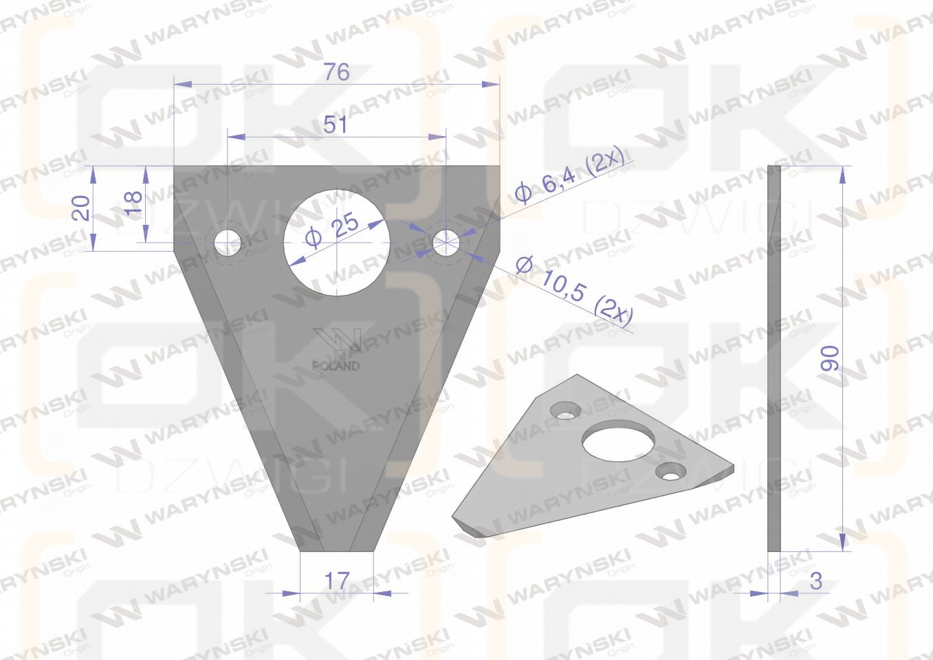 Nóż żniwny 90x76x3mm otwór 6.5 zastosowanie D18 Fortschritt WARYŃSKI ( sprzedawane po 25 )