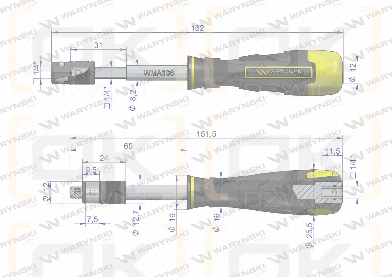 Hand grip for screwdriver bits with a 1/4 Waryński socket tip