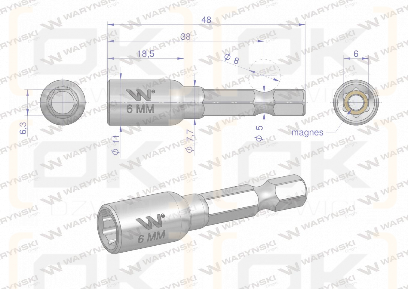 Nasadka 6mm z uchwytem narzędziowym do wkretarki długość 48 mm Waryński