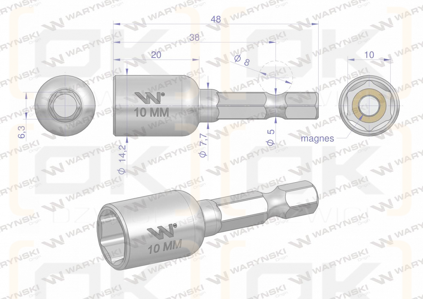 Nasadka 10mm z uchwytem narzędziowym do wkretarki długość 48 mm Waryński