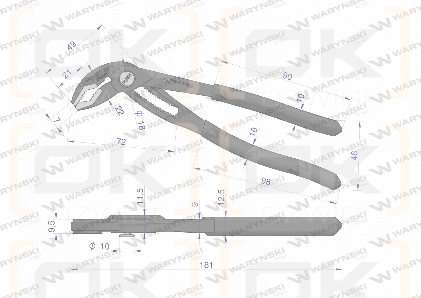 Szczypce do rur szybkonastawne 180mm. zakres szczęk 42 mm Waryński