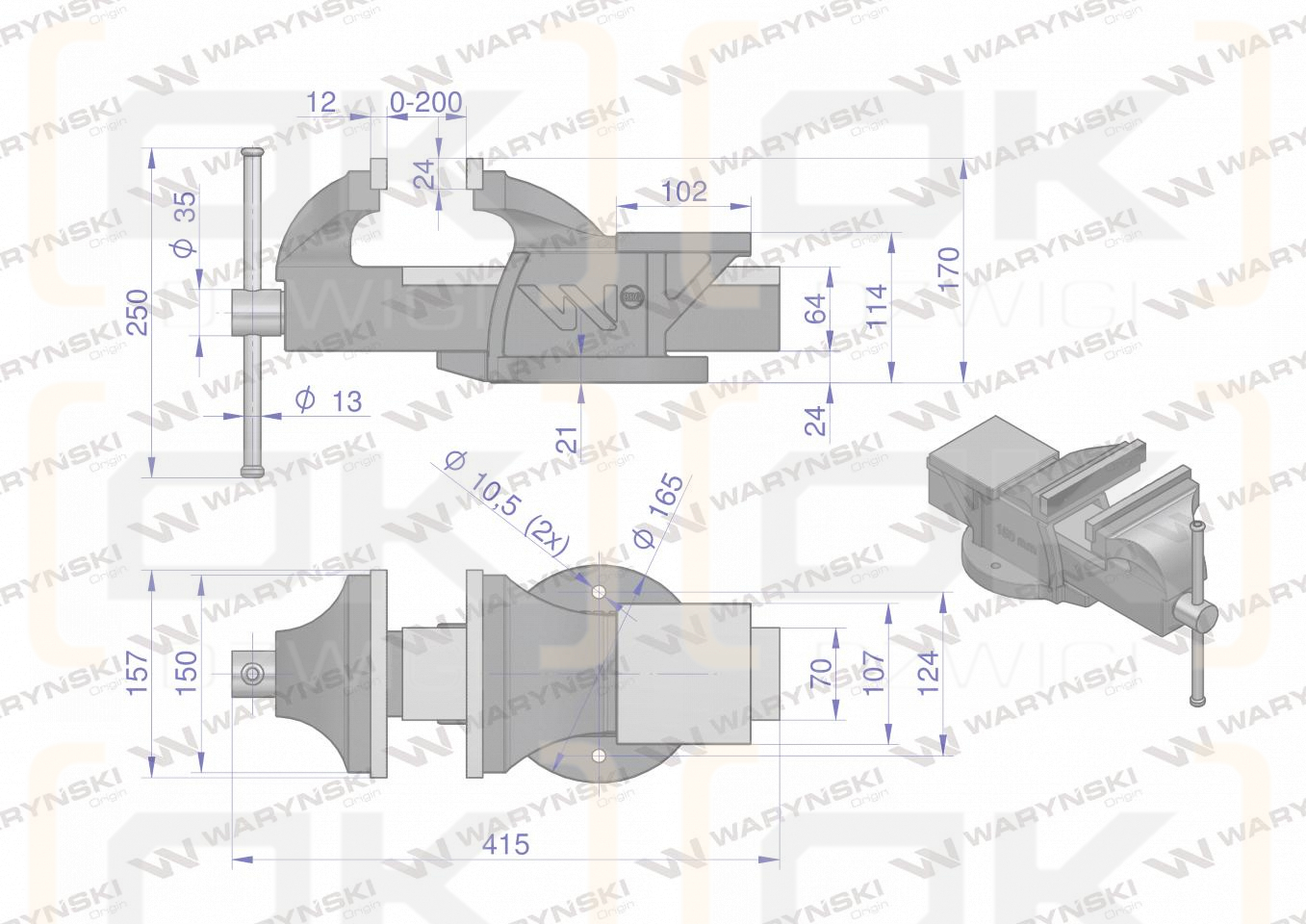 Schwerer Schlosserschraubstock aus Sphäroguss, feststehend, 150 mm Waryński