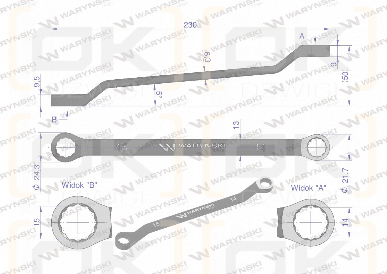 Klucz oczkowy odsadzony 14 x 15 mm. CrV standard ASME B107.9 Waryński