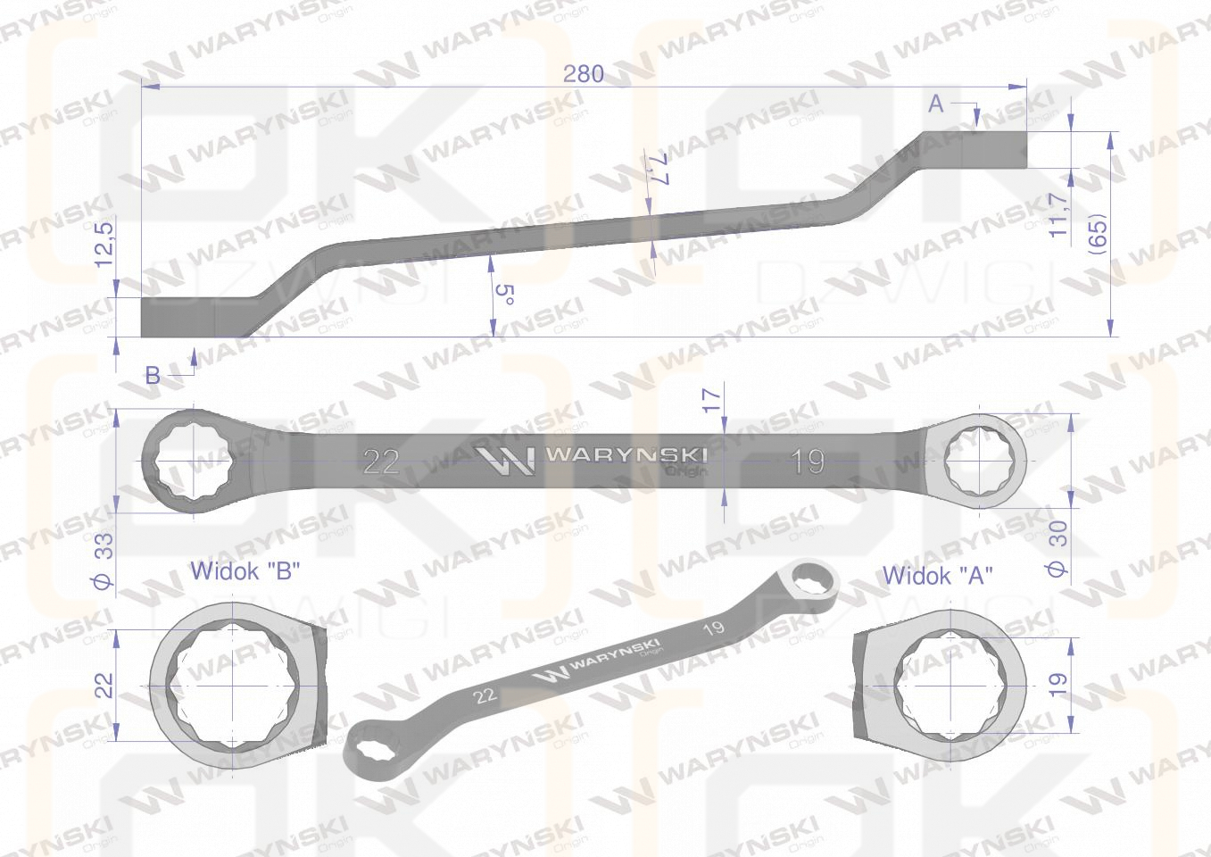 Klucz oczkowy odsadzony 19 x 22 mm. CrV standard ASME B107.9 Waryński