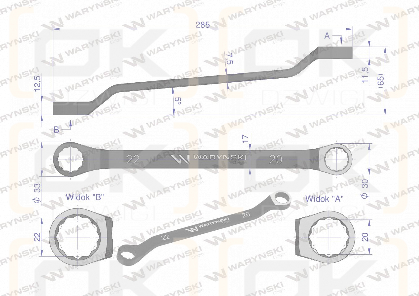 Klucz oczkowy odsadzony 20 x 22 mm. CrV standard ASME B107.9 Waryński