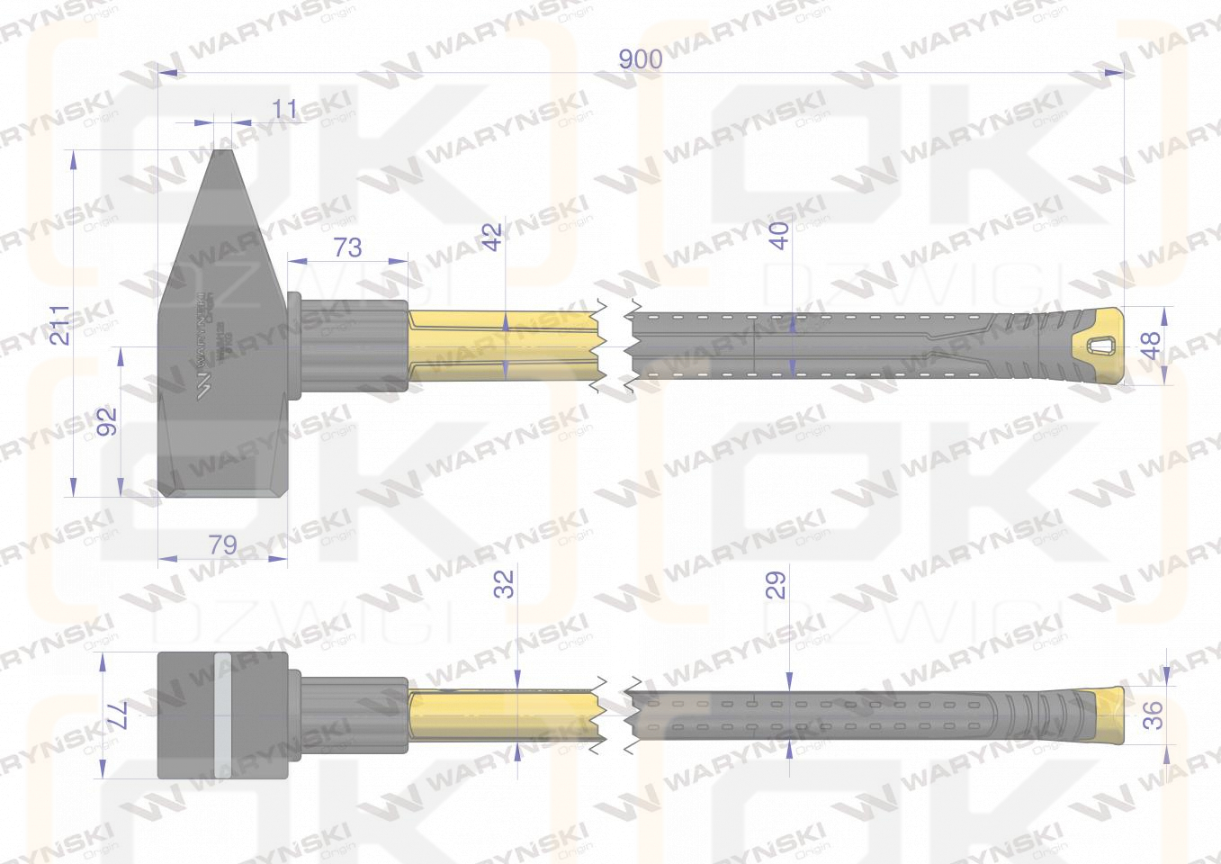 Młotek ślusarski, 8 kg ciężki z trzonkiem z włókna szklanego , do prac warsztatowych budowlanych, Waryński