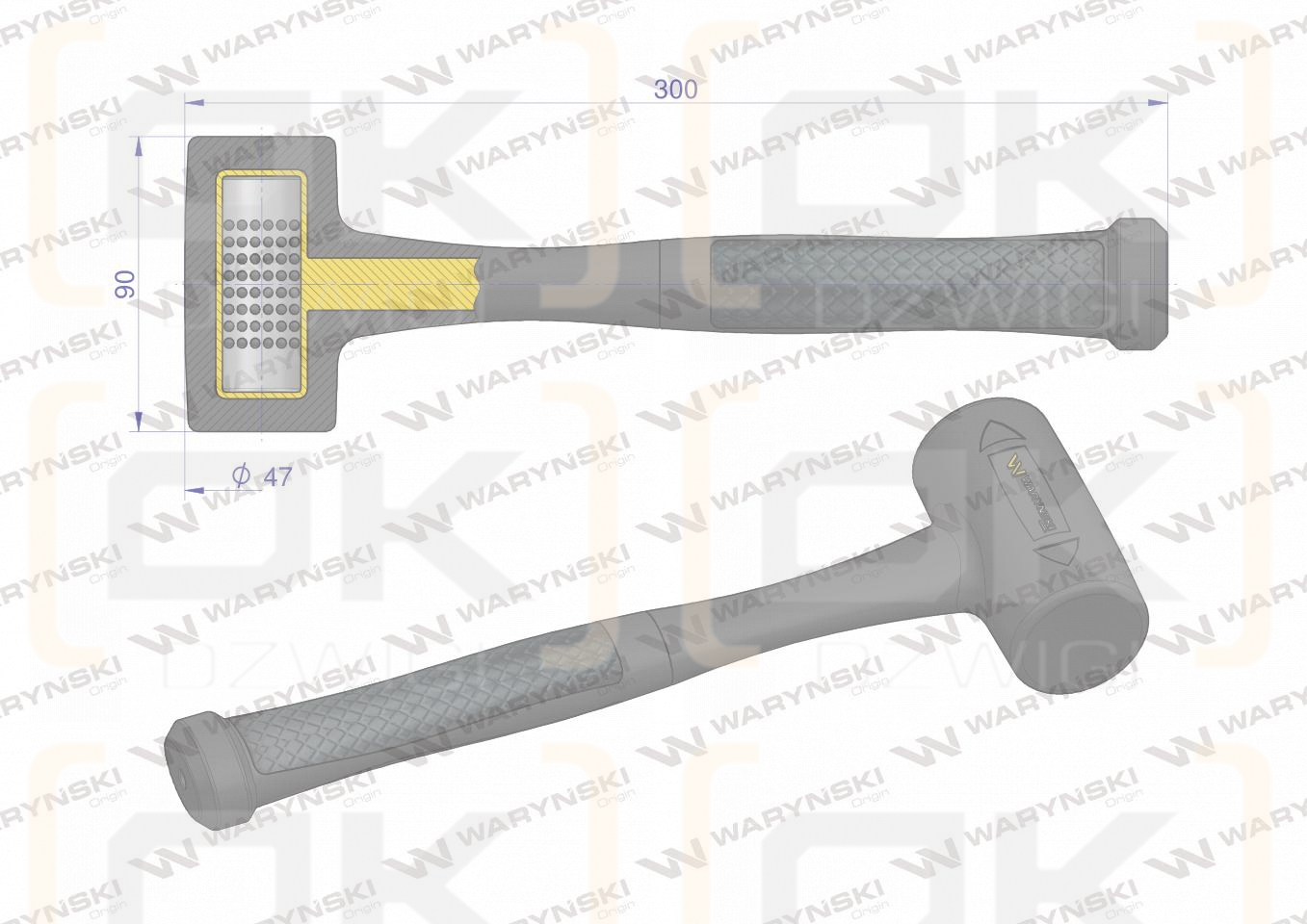Rubber hammer black recoilless 680 g fiberglass handle Waryński