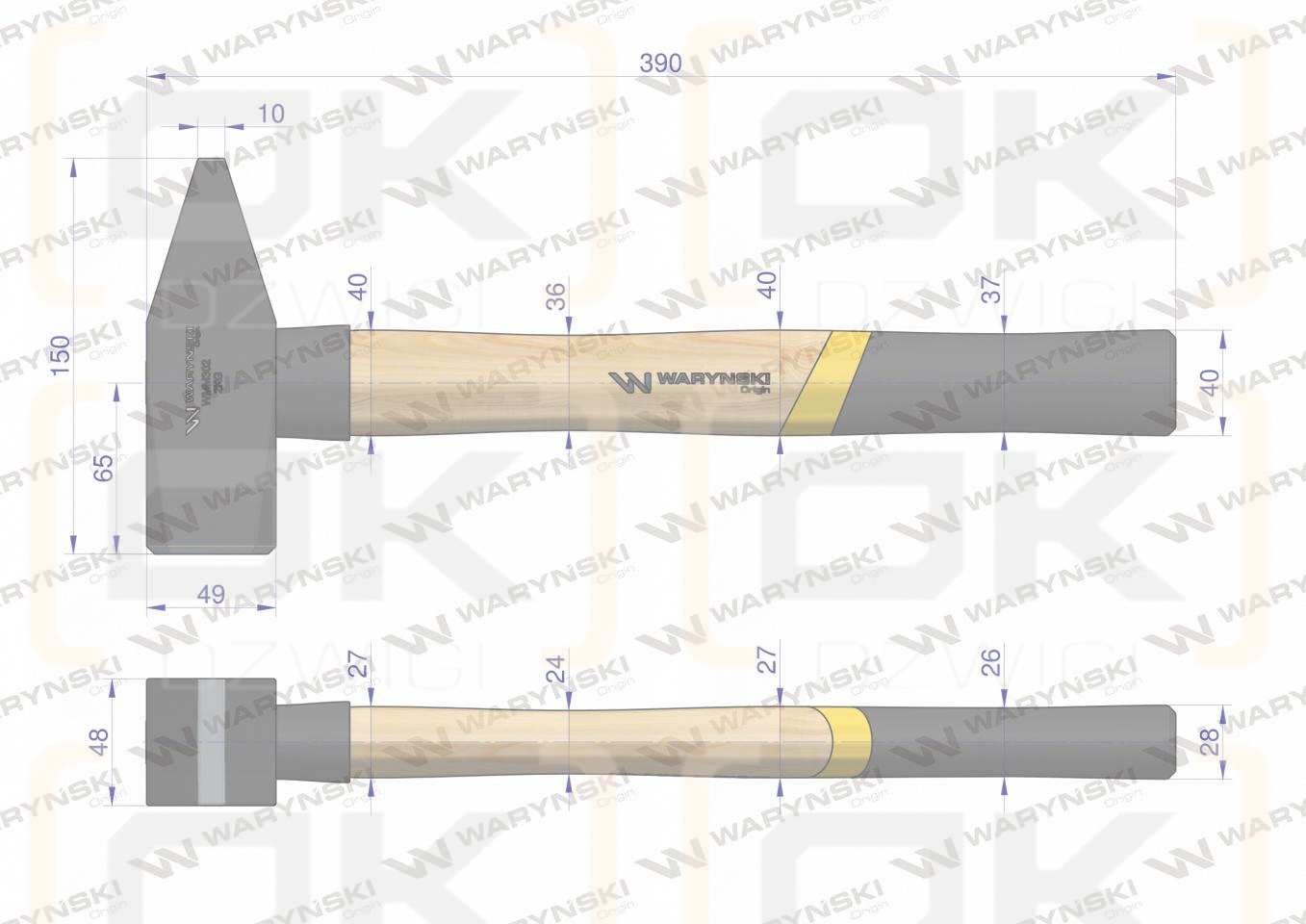 Młotek ślusarski 2 kg ciężki z jesionowym trzonkiem Waryński
