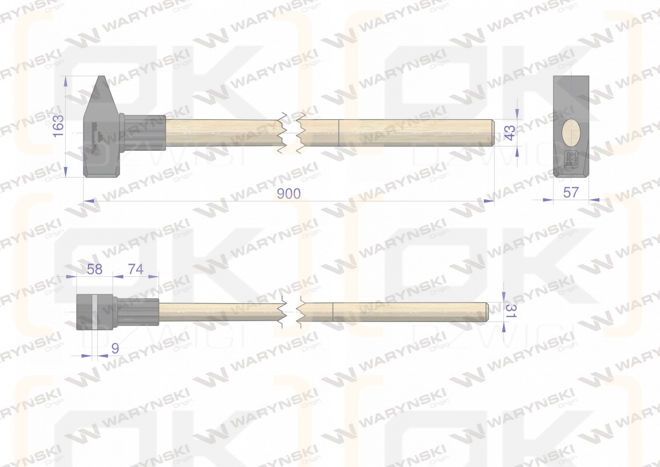 3 kg heavy carpenter's hammer with wooden handle, for construction workshop work, Waryński