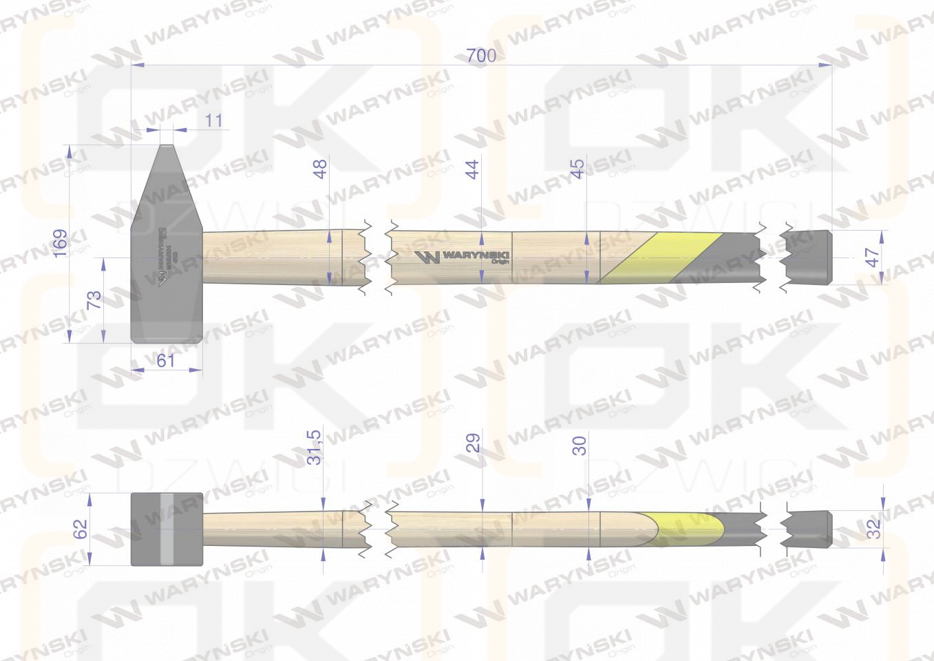 Młotek ślusarski 4 kg ciężki z bukowym trzonkiem Waryński