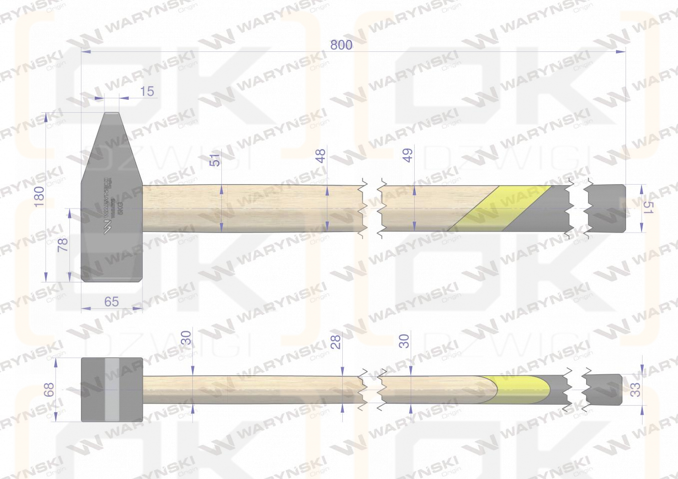 Młotek ślusarski 5 kg ciężki z bukowym trzonkiem Waryński