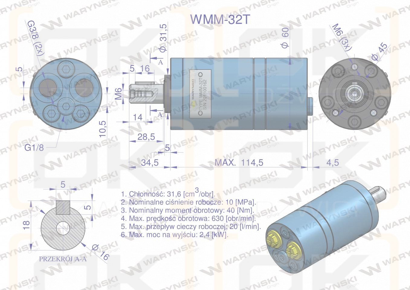 Орбитальный гидромотор WMM 32 см3/об (100 бар / макс. 140 бар) задние соединения Waryński