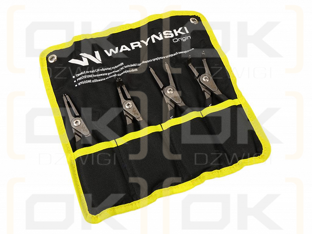 Set of circlip pliers, 185mm straight and 170mm bent, external and internal, 4 pcs, Waryński