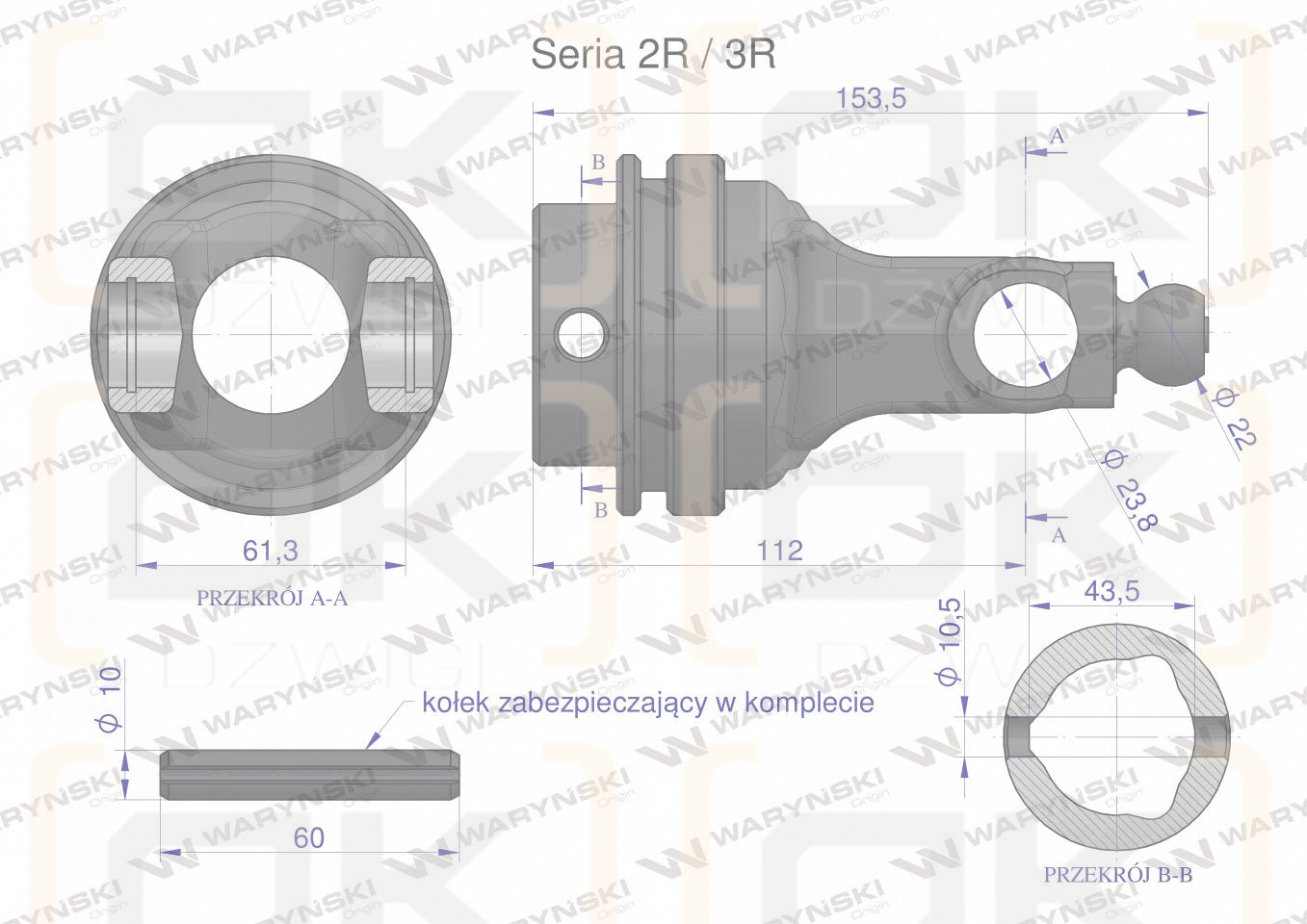 Inner yoke, wide-angle shaft joint, Series 2R. 3R for pipe 43.5 - cup 23.8, Waryński