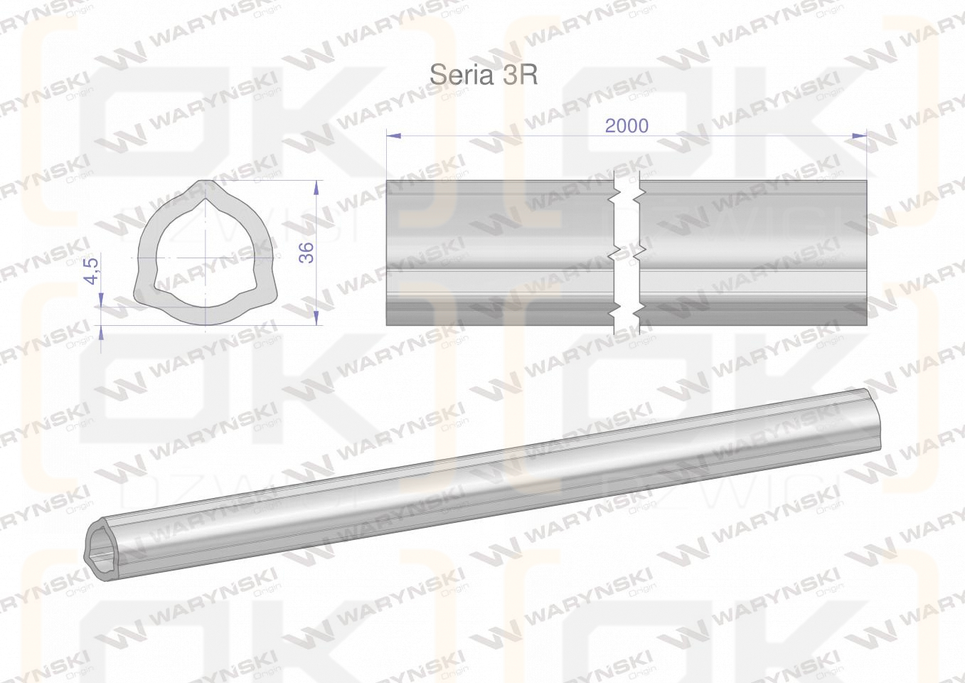 Rura trójkątna wewnętrzna Seria 3R wału przegubowo-teleskopowego 36x4.5 mm - 2m WARYŃSKI (sprzedawane po 2)