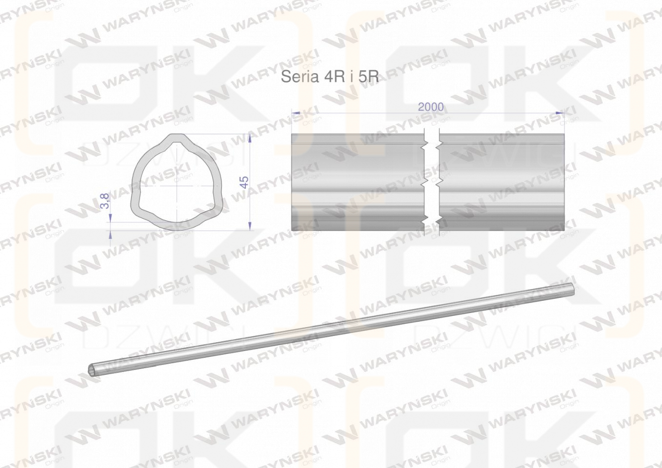 Rura trójkątna wewnętrzna Seria 4R i 5R do wału przegubowo-teleskopowego 45x3.8mm 2m WARYŃSKI (sprzedawane po 2)
