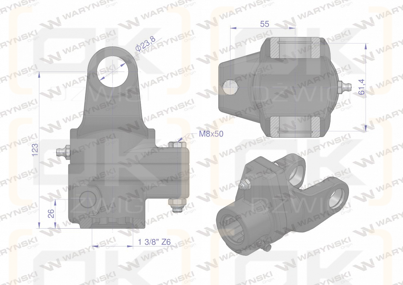 Sprzęgło na kołek wału Seria 2R 650Nm - 24x61 - 1 3/8 Z6 WARYŃSKI