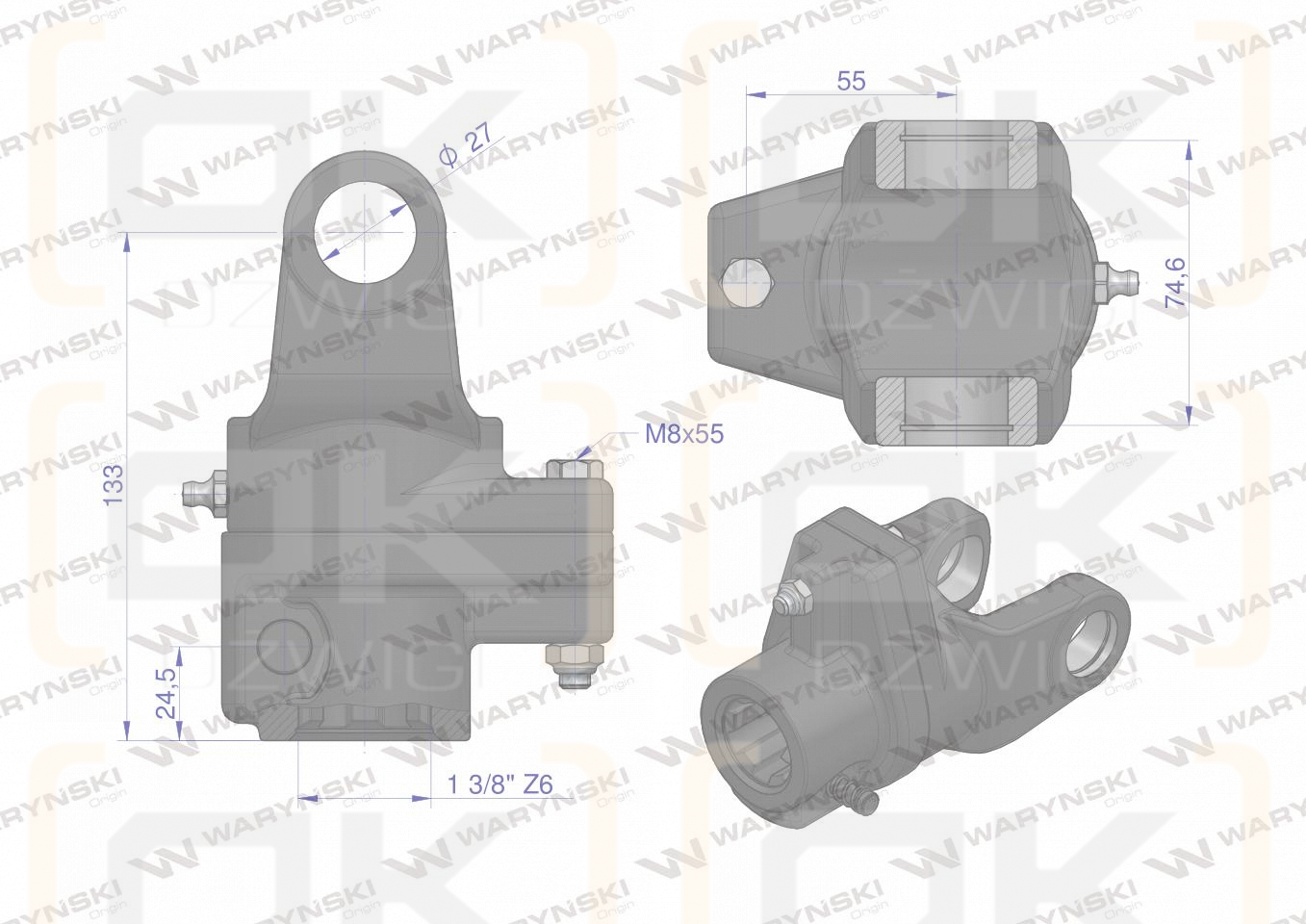 Sprzęgło na kołek wału Seria 3R 1300Nm - 27x75 - 1 3/8 Z6 WARYŃSKI