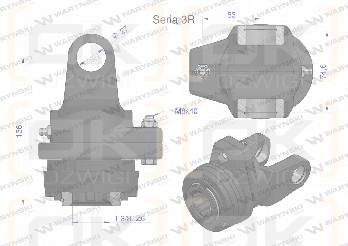 Sprzęgło na kołek wału Seria 3R 1700Nm - 27x75 - 1 3/8 Z6 WARYŃSKI